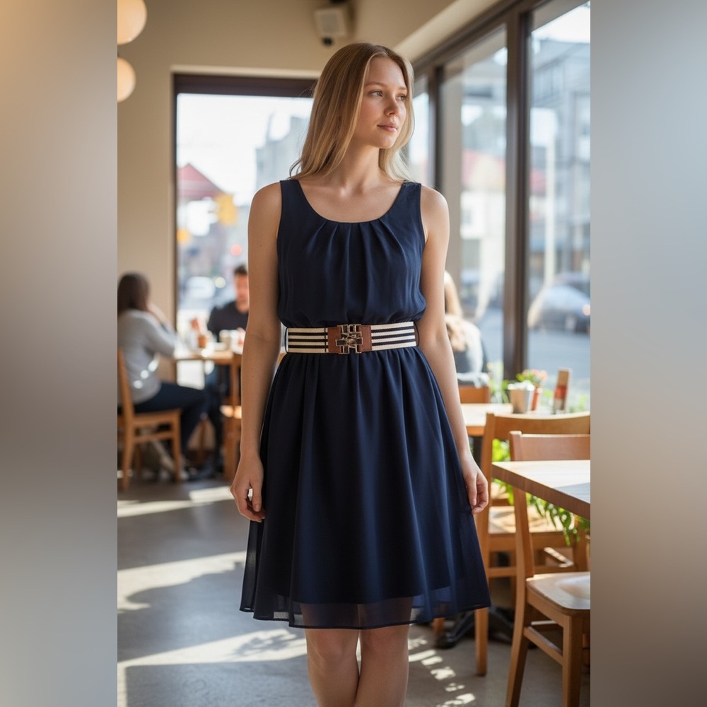 Navy Sleeveless Chiffon Dress with Striped Statement Belt